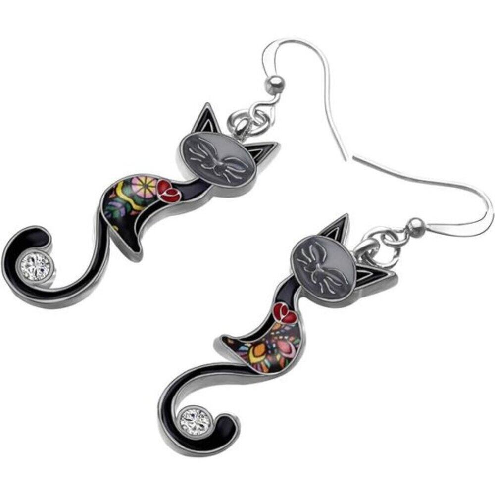 Enamel Multicolor Cat Dangle Earring Hypoallergenic Aesthetic Kitty Jewelry